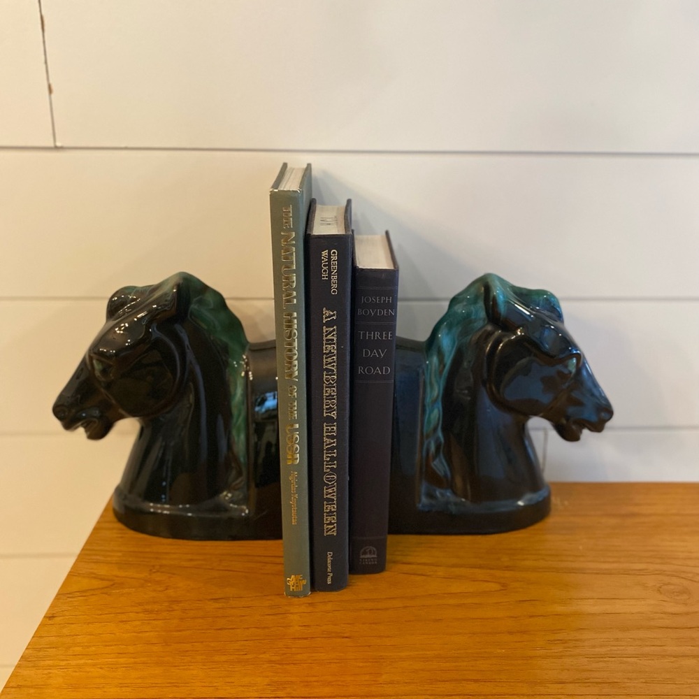 Blue Mountain Pottery Horse Head Bookends Canadian Mid-Century Green Drip Glaze